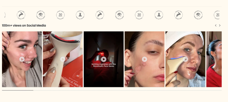 UGC video carousel on the Revo Face Genie product page showing real customer videos with over 100 million social media views alongside a scrolling trust badge strip with cruelty free, money back guarantee, and clinically tested certifications.