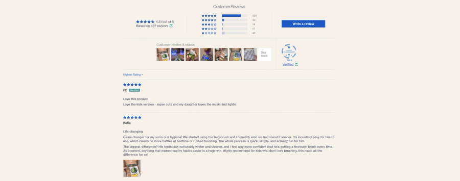 Customer review section showing a 4.31 out of 5 star rating based on 437 verified reviews with a full star distribution breakdown, customer photo and video gallery, and detailed written reviews including a parent describing improved oral hygiene results for their child.