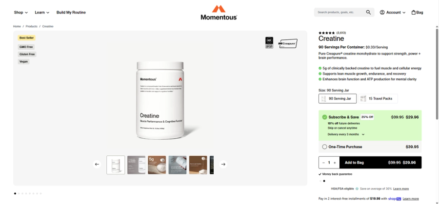 Momentous Creatine product page showing the buy box with NSF Certified and Creapure badges, subscribe and save pricing, money back guarantee, and HSA/FSA eligibility — an example of a product page that addresses core objections directly above the fold.