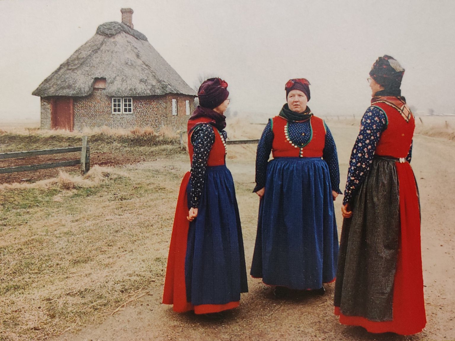 Tre kvinder i traditionelle Rømø-lokaldragter med røde veste og blå skørter foran stråtækt hus ved Toftum Skole