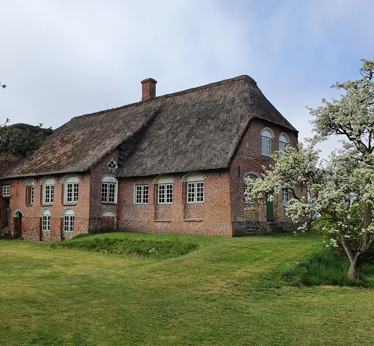Kommandørgårdens hovedbygning set fra haven med stråtag, røde mursten, bueformede vinduer og blomstrende frugttræer
