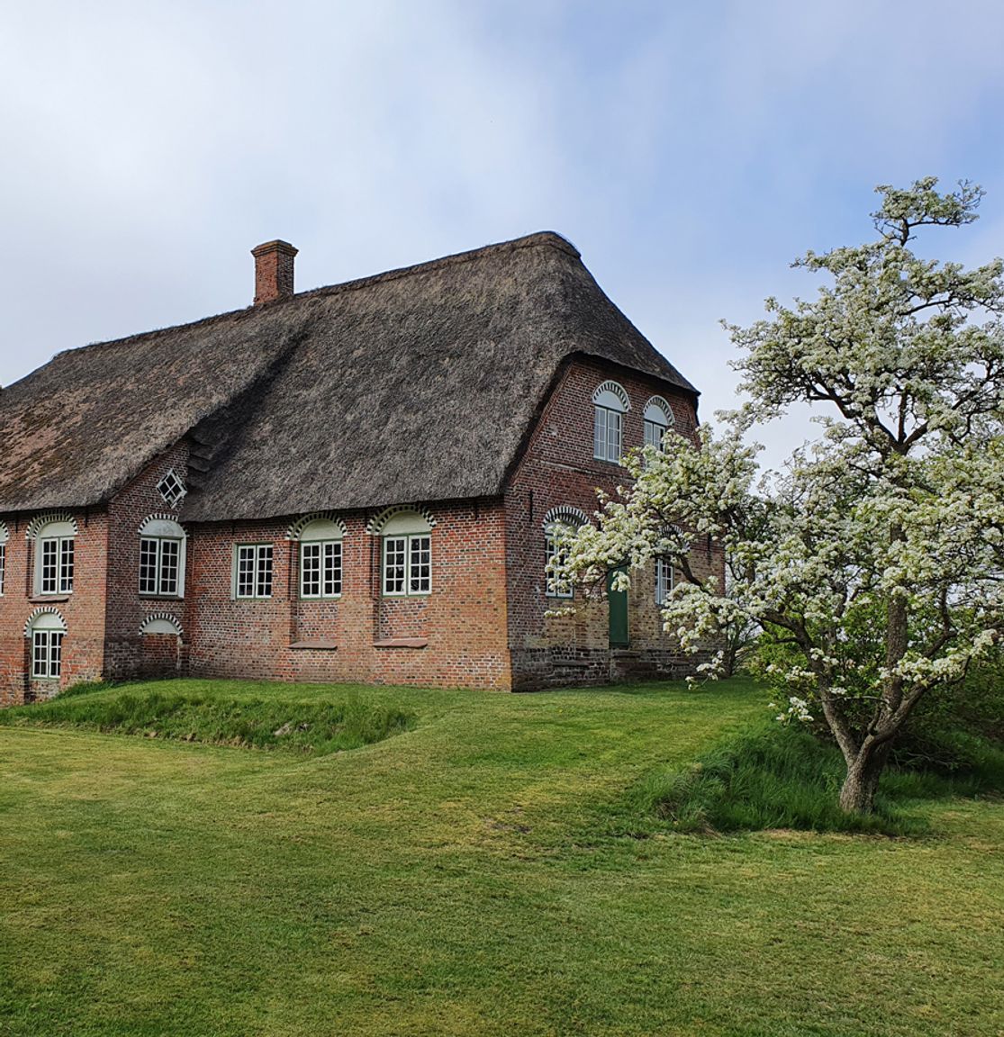 Kommandørgårdens hovedbygning set fra haven med stråtag, røde mursten, bueformede vinduer og blomstrende frugttræer