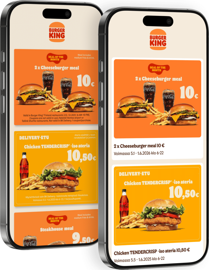 Two mobile screens showing Burger King app coupons