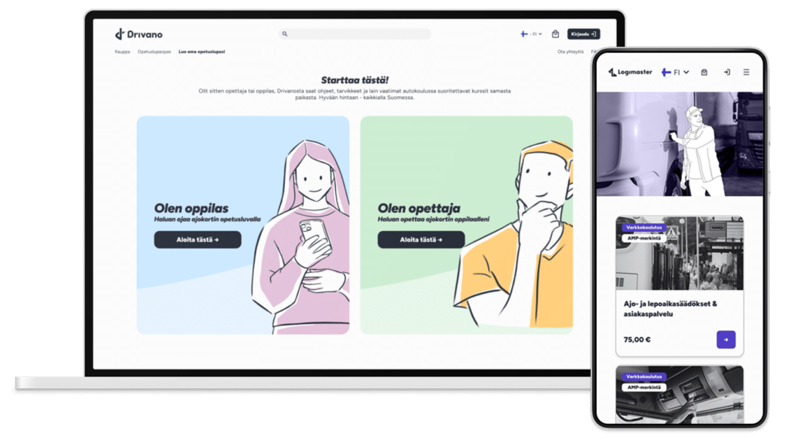 User interfaces of Datadrivers' Drivano and Logimaster online stores on desktop and mobile.