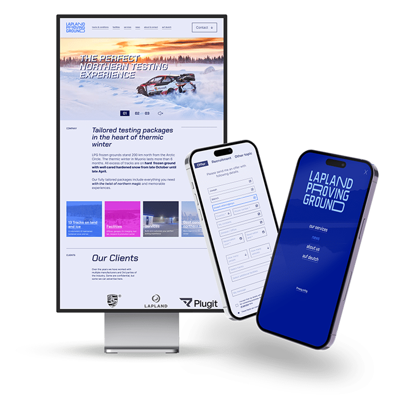 Mockup image showcasing the responsive website design for Lapland Proving Ground. The desktop screen displays the homepage featuring a rally car driving through snow, with headings like "The Perfect Northern Testing Experience" and sections highlighting services and client logos. Two smartphones show different views: one features a contact form, while the other displays a dark blue mobile menu with navigation links. The branding for Lapland Proving Ground is visible across all devices.