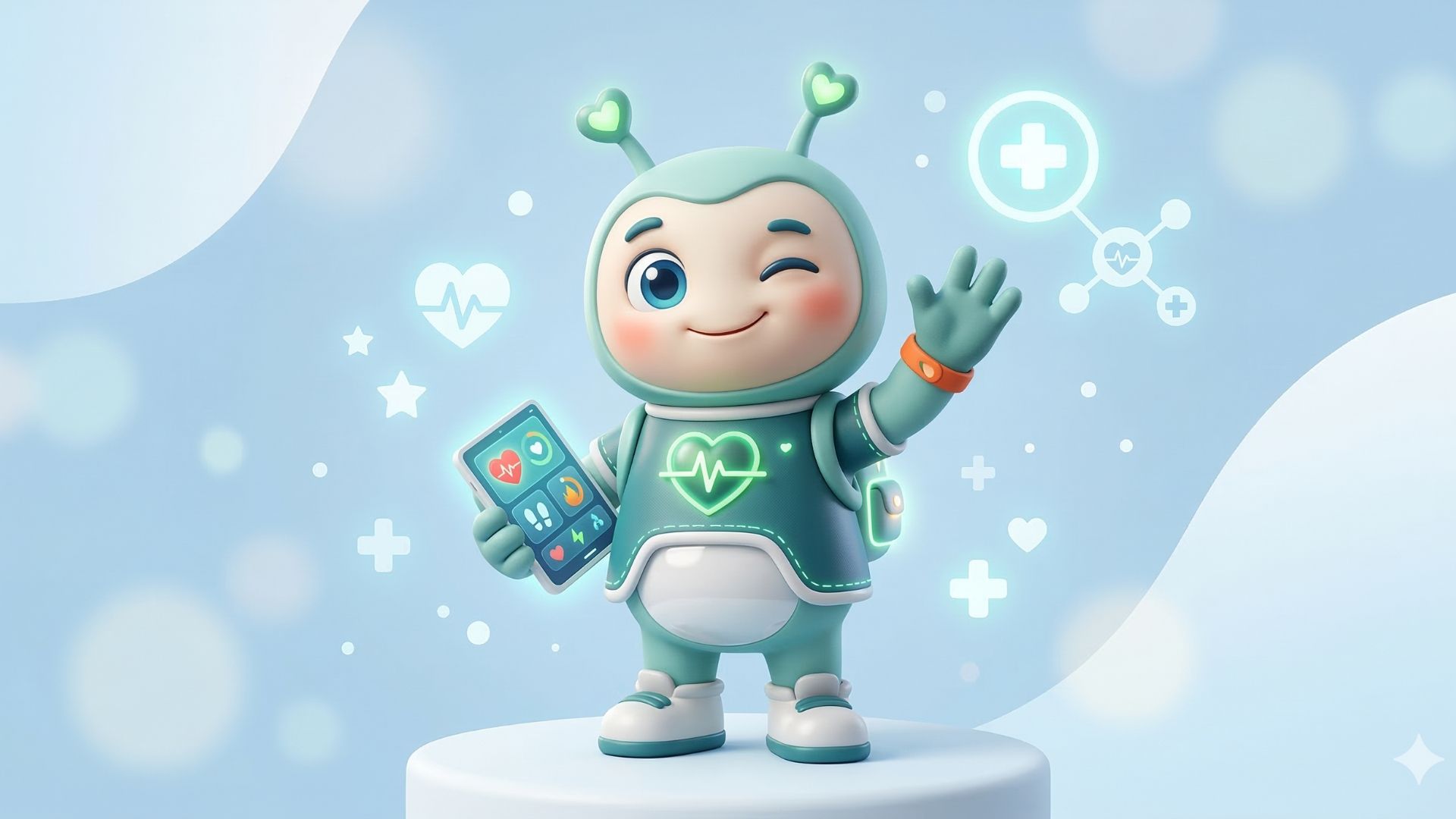 Friendly cartoon robot mascot with a health theme, smiling and waving while holding a smartphone displaying health icons, set against a soft blue background with medical symbols.