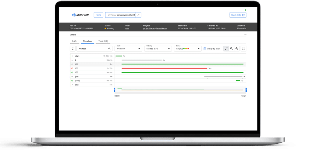 Netflix Metaflow tool timeline view on a laptop screen, showing how data scientists track workflow progress and task execution status.