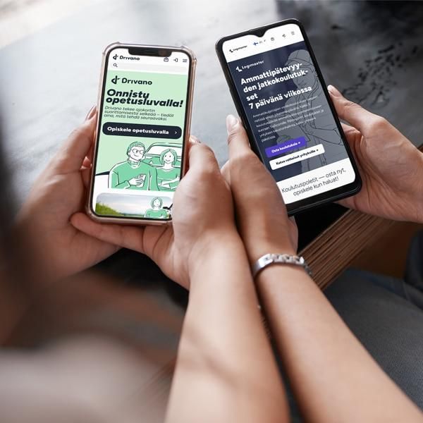 Two people using Drivano and Logimaster services on mobile devices.