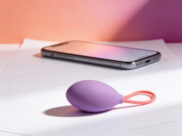The Lovense Lush 3 Bluetooth remote-controlled egg vibrator, a lavender silicone egg with a coral loop tail, resting alone on white paper in warm daylight, a smartphone left deliberately out of focus in the background against a coral-to-plum gradient wall, its screen a soft blurred glow with no visible app or text, standing in for the phone app this "AI" toy actually runs on.