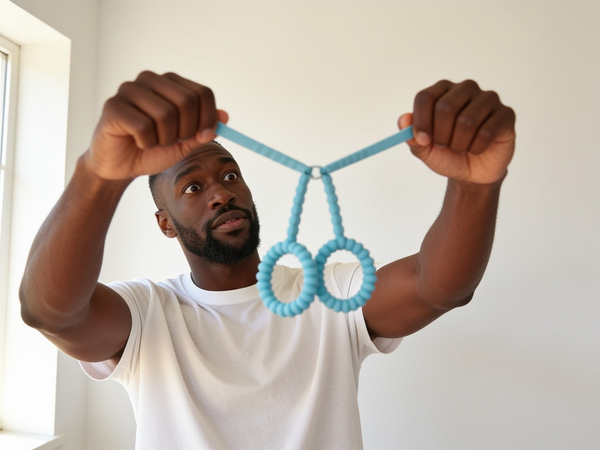 A Black man in his early 30s with a short beard, in a plain white t-shirt, holds a pair of pale-blue ribbed Biird Cuffii soft silicone handcuffs (listed as mint) out at arm's length in both hands, leaning back with wide, curious eyes as if reading them like instructions, staging the question of what healthy dominance is, in bright window light