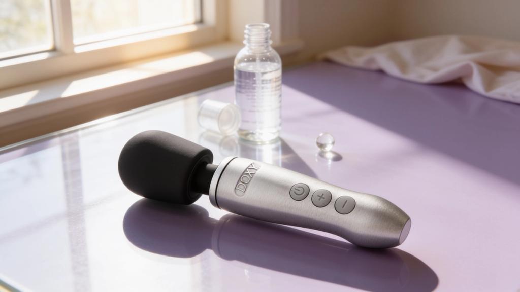 A brushed steel wand vibrator resting on a sunlit lilac surface beside an open bottle of glide.