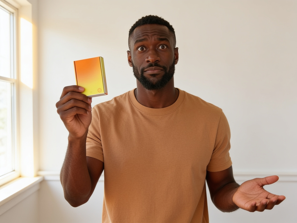 Marcus holds up Curiosity Cues, VUSH's Conversation Cards for Couples 50-Card Deck, at eye level with brows raised and eyes wide, his free hand open in a small shrug, silently asking whether reaching for the same routine again means something is wrong, in warm daylight against a plain white wall.
