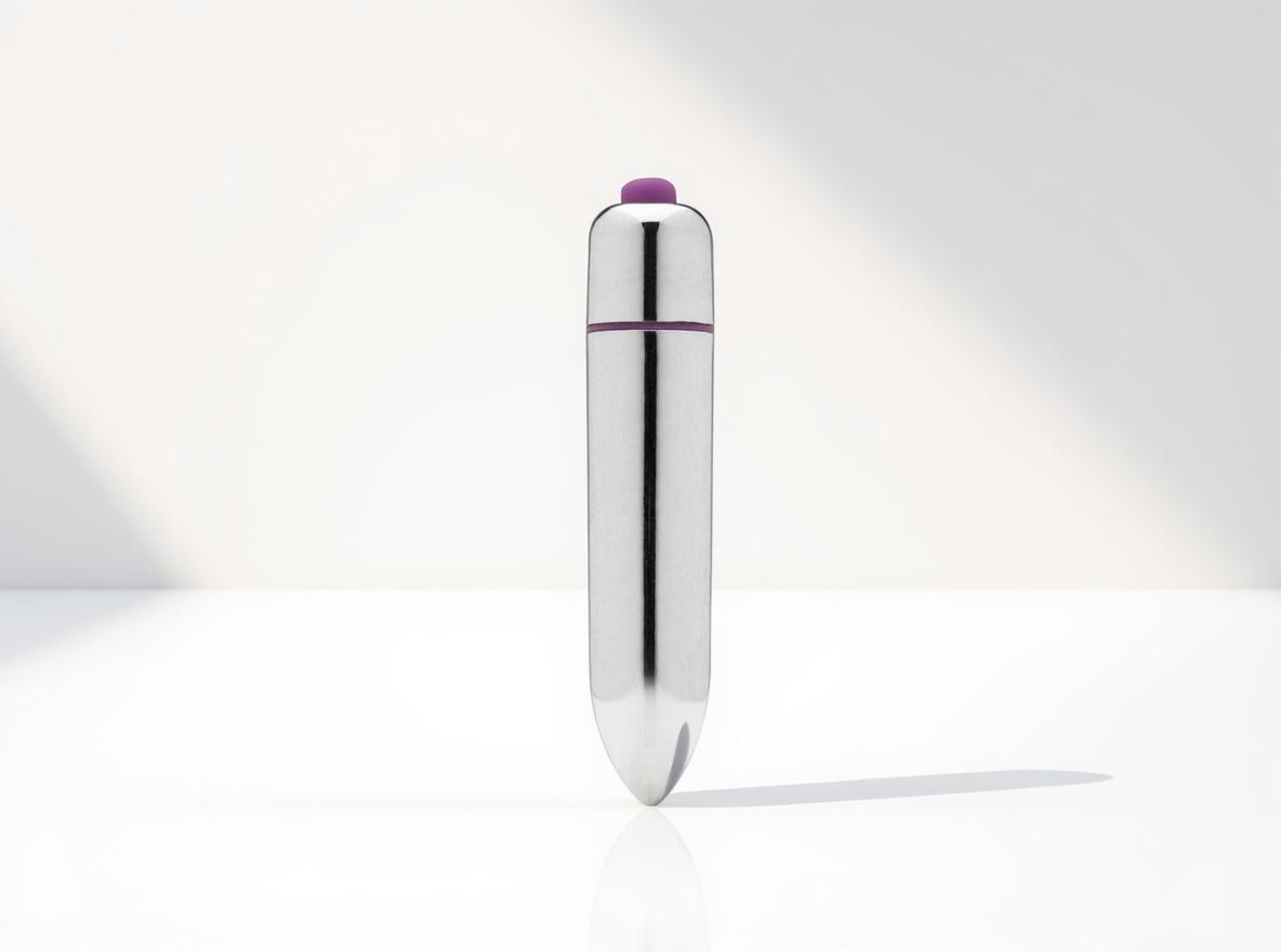The 3-Speed Tantus Original Bullet Vibrator standing tall on a white surface in warm window daylight, its polished chrome body and purple accent ring catching a soft diagonal light and shadow.