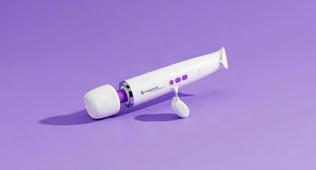 A full-size white wand massager centered large on a soft lavender studio background in bright daylight.