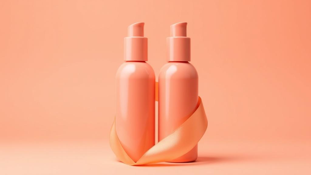 Two glossy bottles standing close together, large on a coral-soft studio ground, champagne silk ribbons twining softly between their bases in bright daylight.