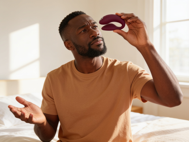 A man in his early 30s stands in a sunlit bedroom, eyebrows pinched in quiet self-doubt, holding up the We-Vibe Chorus, an adjustable couples vibrator with app control, at eye level while his other hand opens palm-up as if asking an unspoken question.