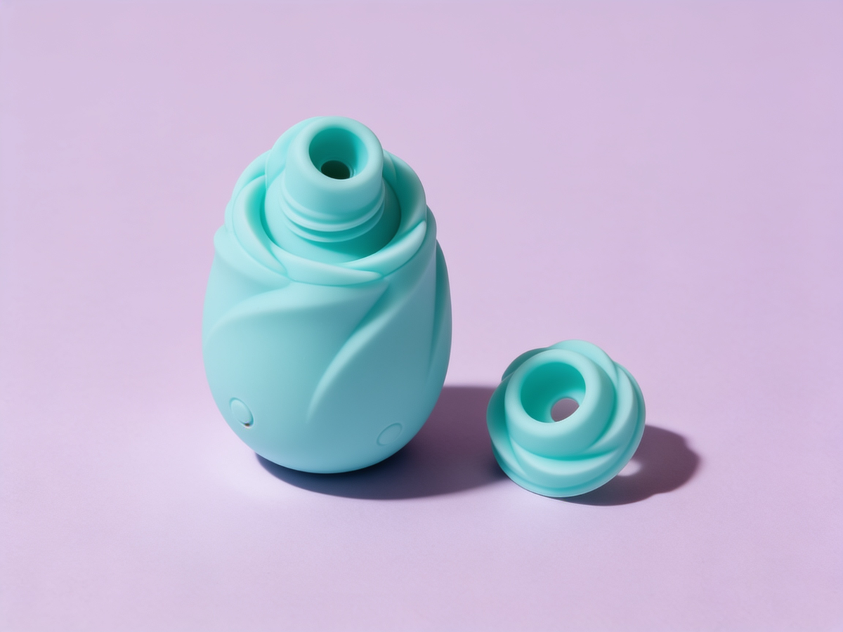 The Glow, a petal-shaped teal silicone air-pulse clitoral stimulator, standing upright beside its own smaller detachable cap on a soft plum studio backdrop, both pieces turned to show the sealed silicone nozzle opening at the center of each.