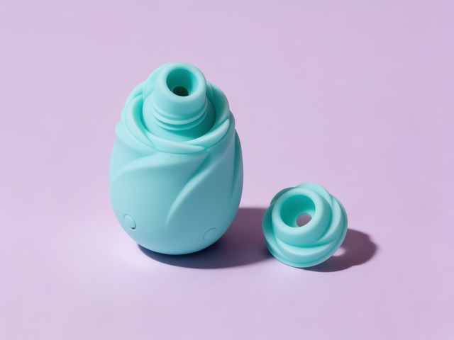 The Glow, a petal-shaped teal silicone air-pulse clitoral stimulator, standing upright beside its own smaller detachable cap on a soft plum studio backdrop, both pieces turned to show the sealed silicone nozzle opening at the center of each.