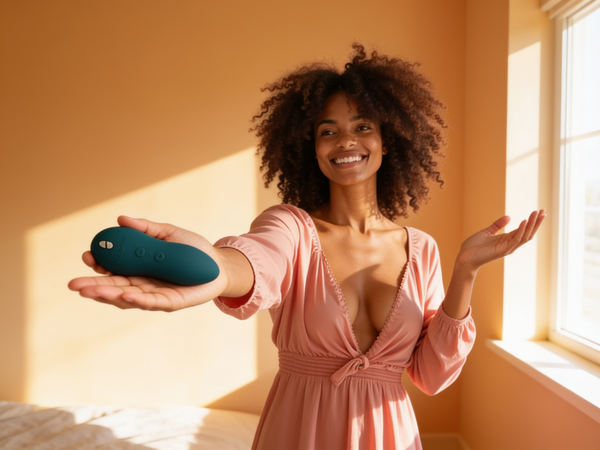 Maya extends a green We-Vibe Touch X vibrator on an open palm toward an unseen partner, her other hand raised in a small questioning shrug, caught mid-conversation in a sunlit room.