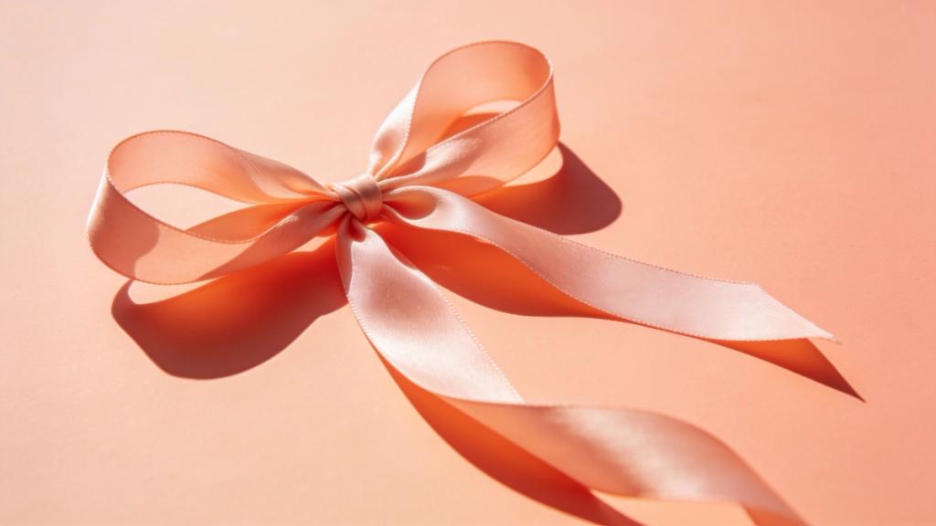 A silk ribbon loosely tied in a soft bow, slightly unraveling, on a pale coral-tinted surface in bright daylight
