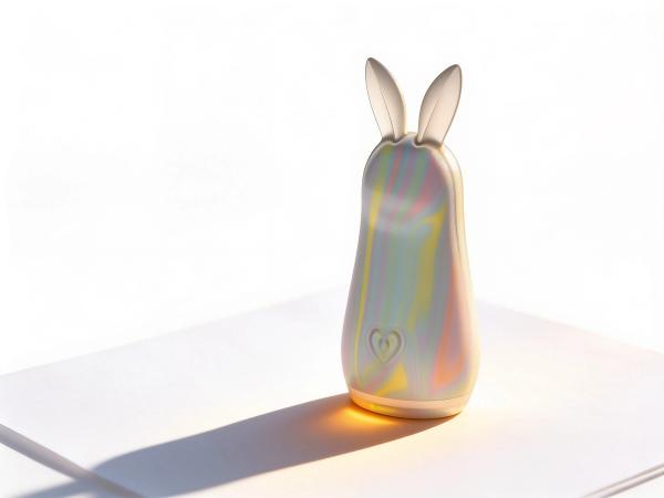 The Squishy Silicone WINX Hippity Hoppity Vibrator stands upright in warm daylight, its pastel-swirl silicone and playful bunny ears catching a soft golden shadow on a clean white surface.