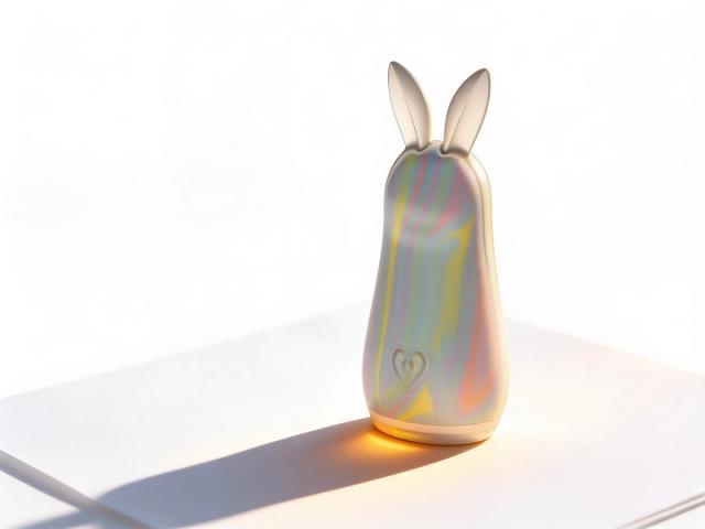 The Squishy Silicone WINX Hippity Hoppity Vibrator stands upright in warm daylight, its pastel-swirl silicone and playful bunny ears catching a soft golden shadow on a clean white surface.