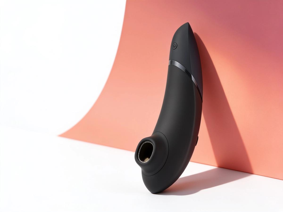 The Womanizer Next clitoral stimulator leaning against a coral paper sweep on a white paper ground in bright daylight, its curved matte black body and single grey accent band in crisp focus, the recessed soft-rimmed opening at its base turned toward the camera