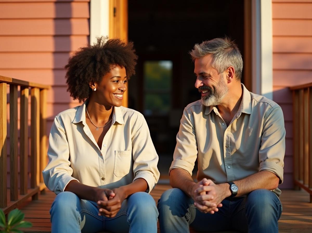 Two adults in their 40s sit side by side on a sunlit front porch step, one turned toward the other mid-sentence with a hopeful, open expression, the other listening with warm, unhurried attention, the moment a rehearsed conversation about sex toys finally goes well.