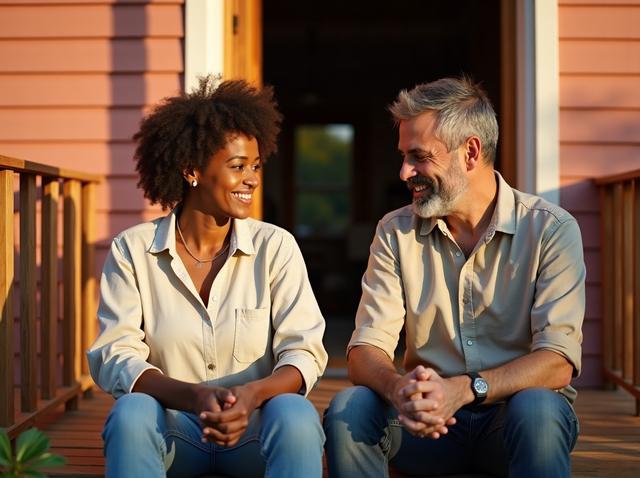 Two adults in their 40s sit side by side on a sunlit front porch step, one turned toward the other mid-sentence with a hopeful, open expression, the other listening with warm, unhurried attention, the moment a rehearsed conversation about sex toys finally goes well.