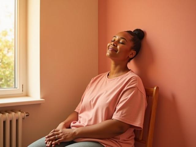 A woman in her early 40s rests her head back against a sunlit coral wall, eyes closed with a small soft smile, catching her breath in a quiet, tender moment of self-forgiveness.