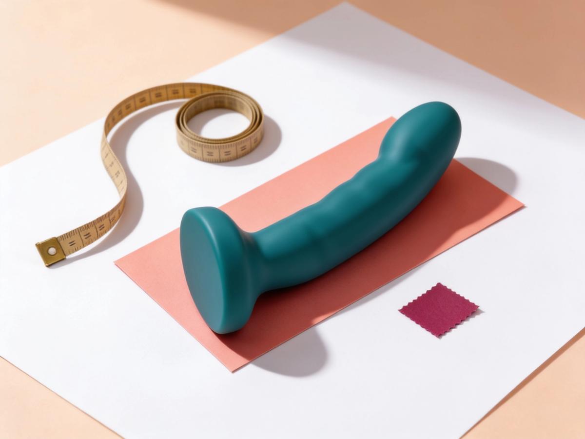 The Tantus Acute Curved Dildo 5.5 in. Medium-Firm, an emerald green silicone piece, lying on a coral paper card over a white paper ground in warm daylight, a brass tailor tape measure uncoiling beside it and a small plum paper swatch to one side.