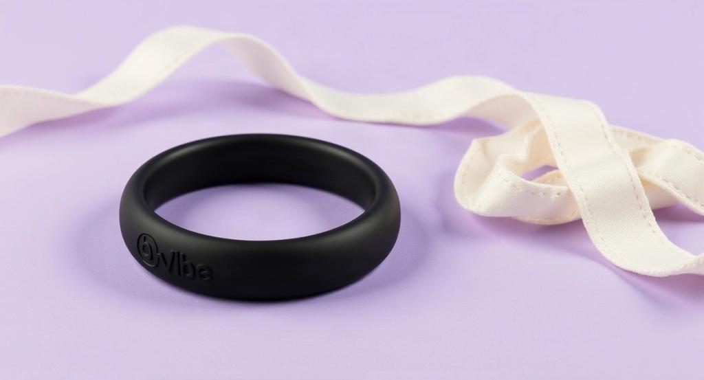 A matte-black silicone ring on a soft lavender surface in bright daylight, with a satin ribbon and ivory linen.
