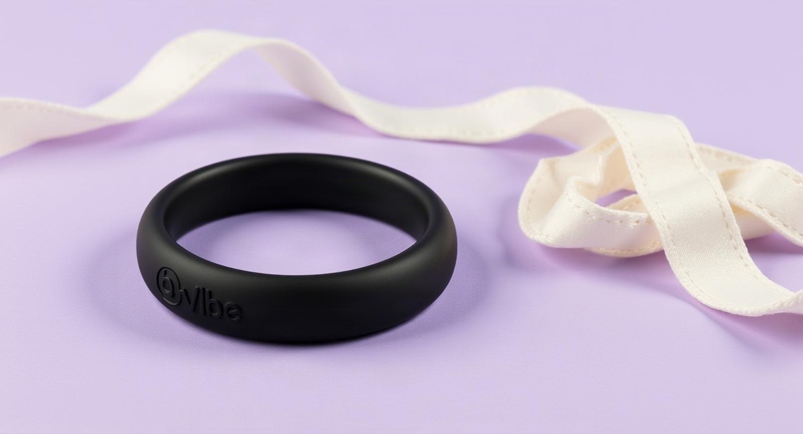 A matte-black silicone ring on a soft lavender surface in bright daylight, with a satin ribbon and ivory linen.