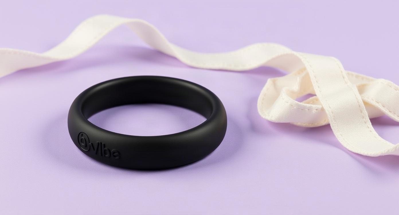 A matte-black silicone ring on a soft lavender surface in bright daylight, with a satin ribbon and ivory linen.