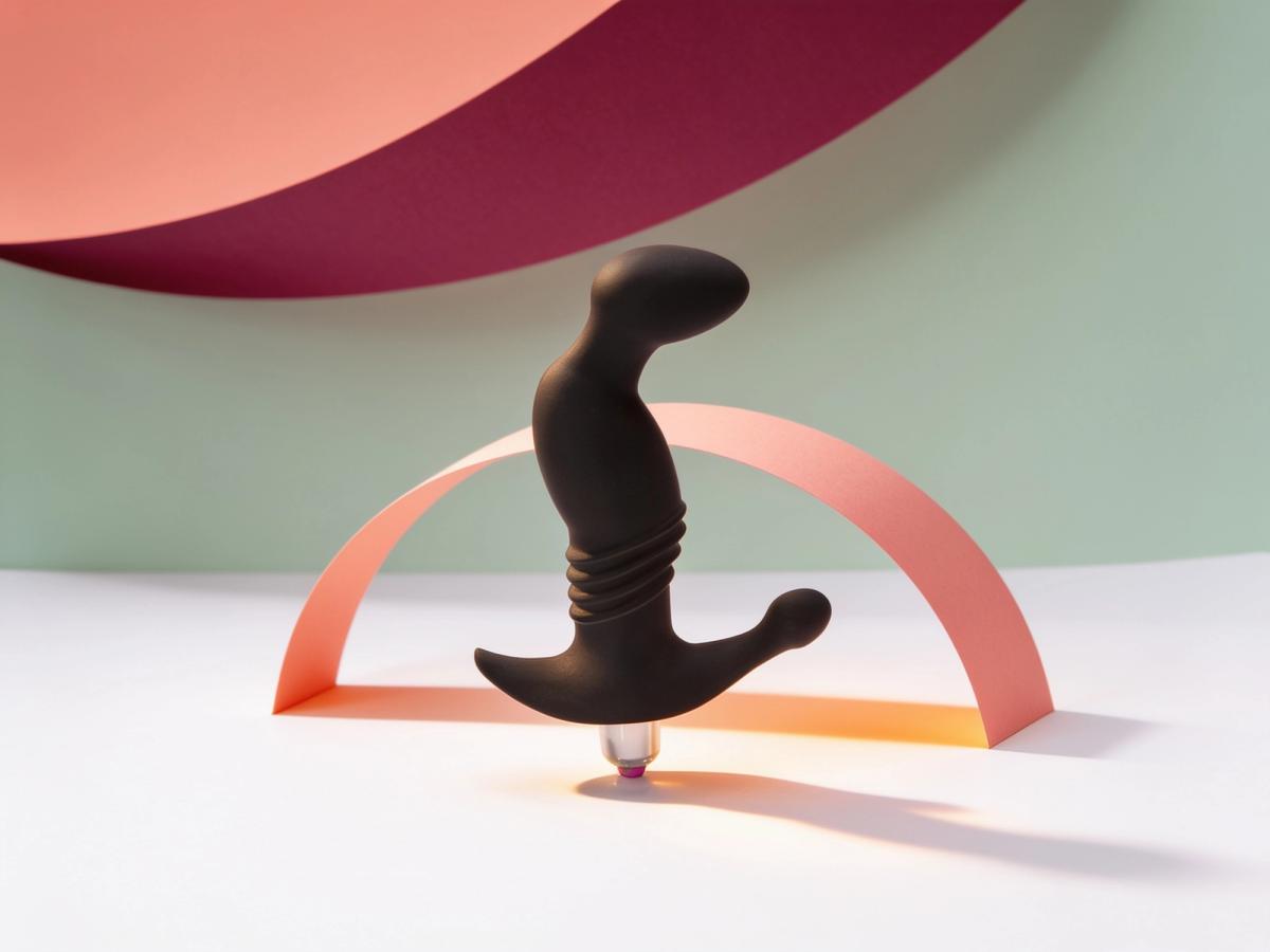 The Vibrating Prostate Play Onyx Massager standing upright on white paper, its curved matte black tip, ridged shaft and broad anchor arm all in full view, framed by a coral paper arch that echoes the curve, in warm daylight.