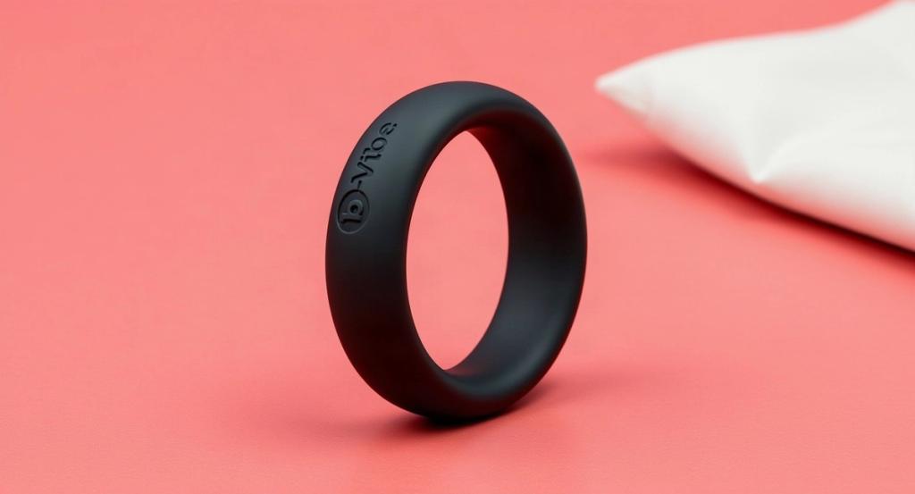 A matte-black silicone ring on a soft warm-blush surface in bright daylight, with ivory linen alongside.
