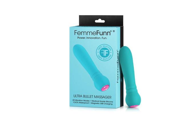 The FemmeFunn Ultra Bullet Massager in teal body-safe silicone, shown with its retail packaging on a bright white background, illustrating the non-porous single-material surface this guide recommends for sensitive skin