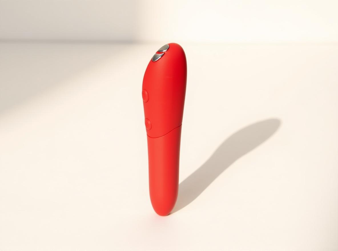 We-Vibe Tango X cherry bullet vibrator standing upright in warm daylight on a white surface, a simple beginner-friendly pick for easing first-toy overwhelm