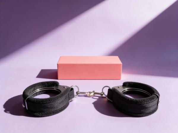 Velboa Sex & Mischief Beginner's Handcuffs Black, a pair of plush-lined black cuffs with flat woven straps and bright metal rings and a swivel clasp, lying open and large on a pale lilac surface in hard morning light, a flat coral-pink block standing behind them and a crisp diagonal shadow across the frame
