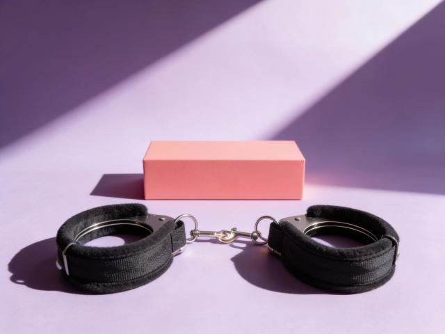 Velboa Sex & Mischief Beginner's Handcuffs Black, a pair of plush-lined black cuffs with flat woven straps and bright metal rings and a swivel clasp, lying open and large on a pale lilac surface in hard morning light, a flat coral-pink block standing behind them and a crisp diagonal shadow across the frame