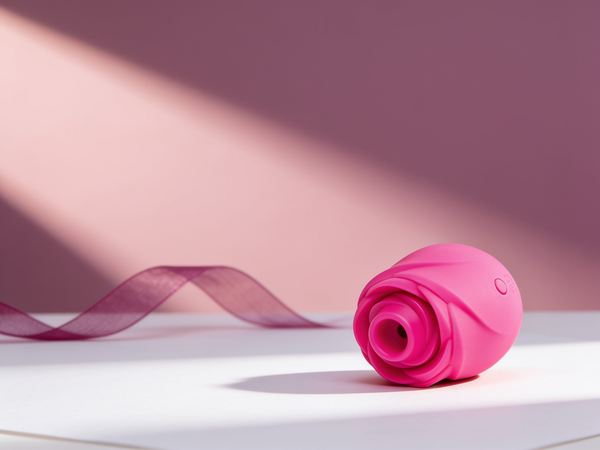 The ROMP Rose 2.0 pleasure air clitoral stimulator, a magenta silicone rose resting on white paper against a soft plum backdrop with a sheer plum ribbon curling away behind it in warm raking light, illustrating this guide to how often is normal and how many toys is too many.