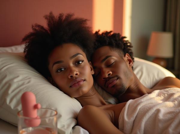 A woman in her early 30s lies close beside her sleeping partner in warm morning light, her eyes open and thoughtful, present in body but visibly somewhere else in her mind, a quiet, self-aware look on her face. A small peach-pink Peachy Bullet mini vibrator rests quietly on the nightstand beside a glass of water.
