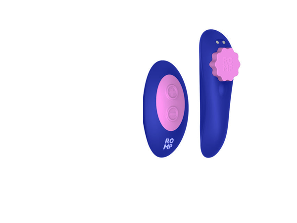 The ROMP Party remote-controlled panty vibrator's wearable insert and its separate palm-sized remote arranged side by side on a white background, illustrating the physical-handset half of the remote versus app-controlled comparison.