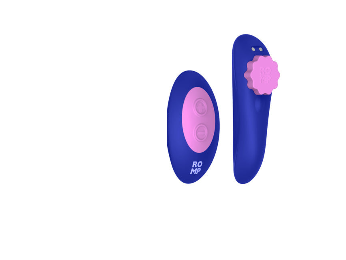 The ROMP Party remote-controlled panty vibrator's wearable insert and its separate palm-sized remote arranged side by side on a white background, illustrating the physical-handset half of the remote versus app-controlled comparison.