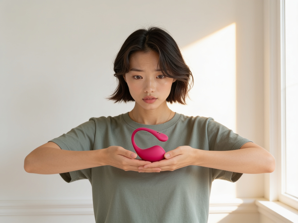 Jade holds the Lush 3 egg vibrator out in both hands and looks down at it, brows drawn, weighing whether something this small can carry a relationship across a distance, in warm window daylight against a plain white wall.