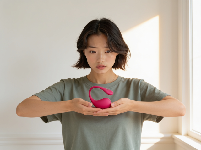 Jade holds the Lush 3 egg vibrator out in both hands and looks down at it, brows drawn, weighing whether something this small can carry a relationship across a distance, in warm window daylight against a plain white wall.