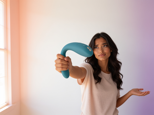 Sofia holds up the wearable We-Vibe Sync Go in turquoise at eye level, brow furrowed mid-question, wondering aloud why she is always the one who reaches first.