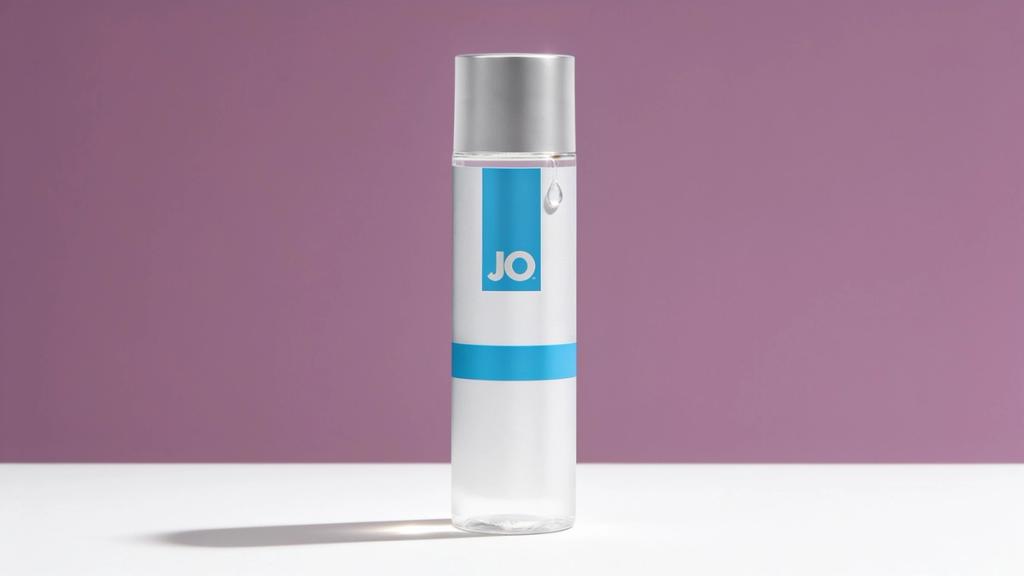 A bottle of water-based personal lubricant standing on a soft lilac backdrop beside a bead of clear glide.