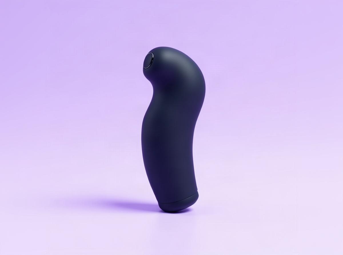 The Tantus Acute curved dildo in its deep night-sky silicone finish standing bold and upright on a bright plum-soft studio backdrop, its precise curve catching soft daylight, one half of the dildo-versus-vibrator comparison