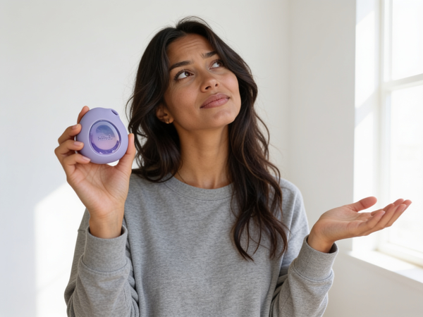A dark-haired woman in a soft grey sweatshirt holds a lilac biird Lumii clitoral suction stimulator up beside her face in one hand, head tilted and brow raised in a wry, searching look, while her other palm is open and empty beside her, asking whether it is normal to enjoy sex and not orgasm, in bright window light